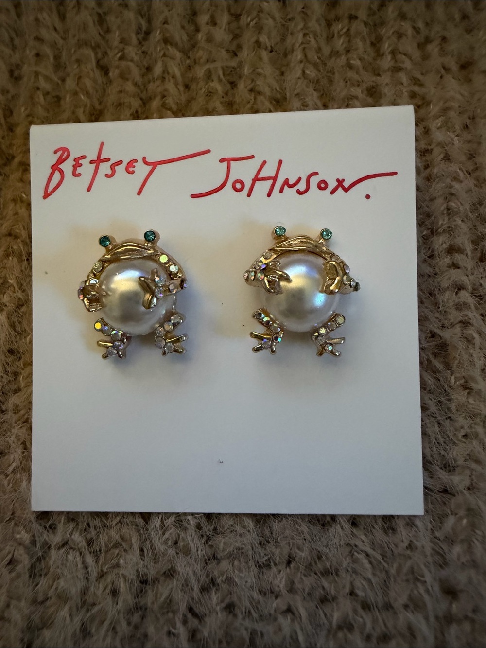 Betsey Johnson Gold-Tone Pearl Frog Stud Earrings with Green Eyes